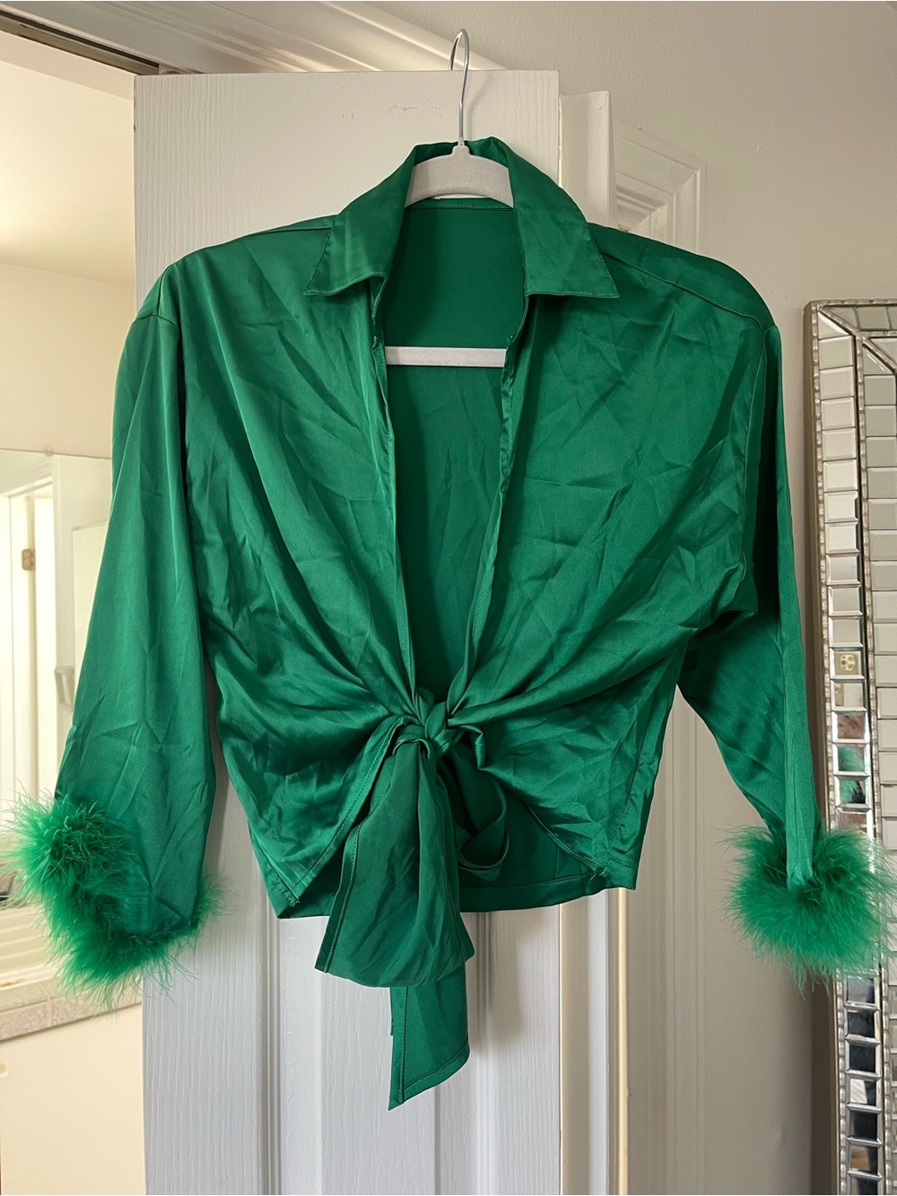 Green Tie-Front Satin Blouse with Feather Cuffs